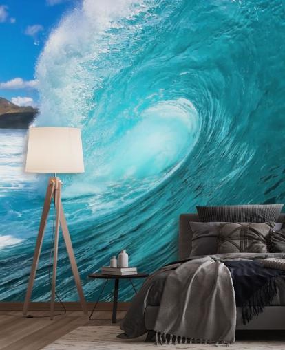 blue customizable surfing ocean wallpaper mural called Barrel for bedrooms, bathrooms and businesses