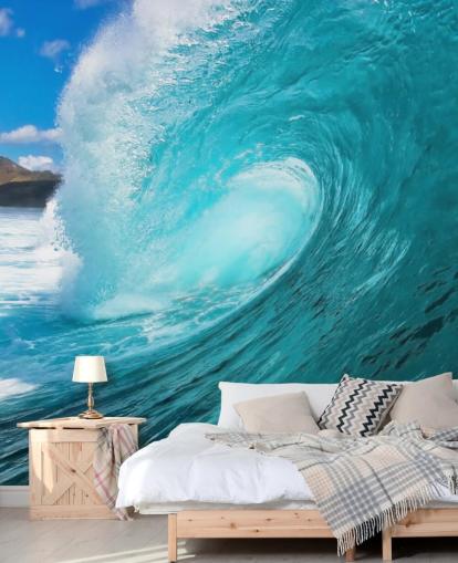 blue customizable surfing ocean wallpaper mural called Barrel for bedrooms, bathrooms and businesses