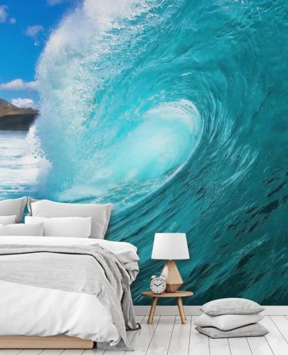 blue customizable surfing ocean wallpaper mural called Barrel for bedrooms, bathrooms and businesses