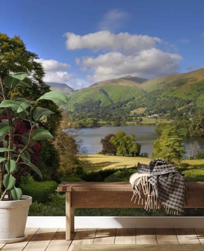 Kaunis järvialueen puut järvi ja kukkulat seinämaalaus