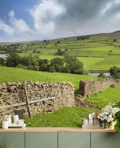 Droge stenen muur en velden in Swaledale muurschildering Droge stenen muur en velden in Swaledale muurschildering