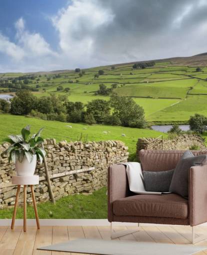 Mural de pared de piedra seca y campos en Swaledale