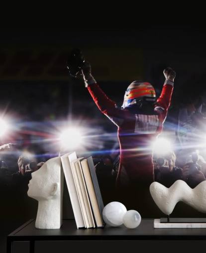 mural de papel pintado f1 en blanco, negro y rojo llamado Fernando Alonso Korea Victory 2010