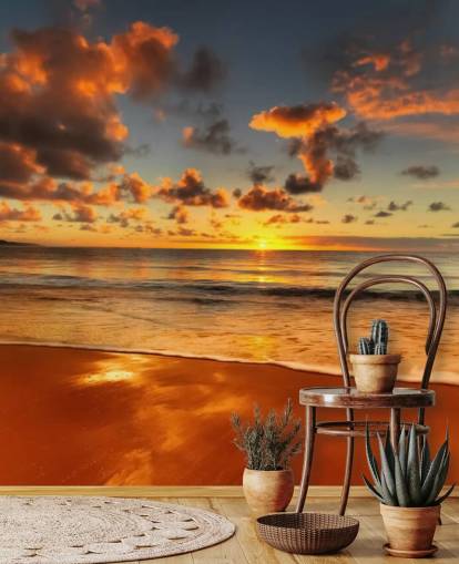 papel pintado naranja playa y puesta de sol
