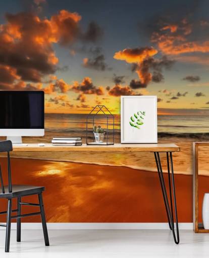 papel pintado naranja playa y puesta de sol