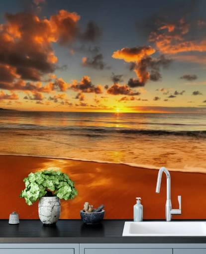 orange Strand und Sonnenuntergang Tapete