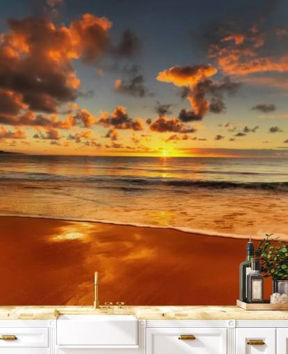 papel pintado naranja playa y puesta de sol
