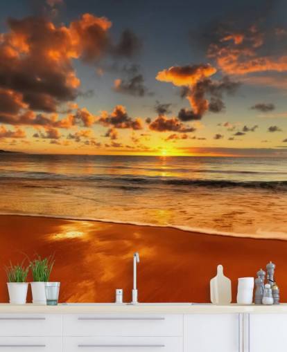 papel pintado naranja playa y puesta de sol