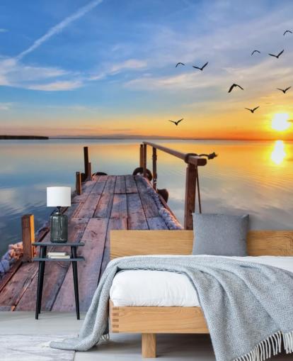 lake wallpaper mural called Lake Sunrise at Wallsauce for bathrooms, bedrooms and offices