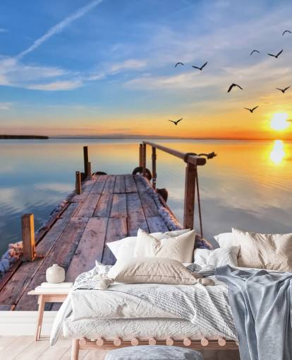 mural de papel de parede de lago chamado Lake Sunrise at Wallsauce para banheiros, quartos e escritórios