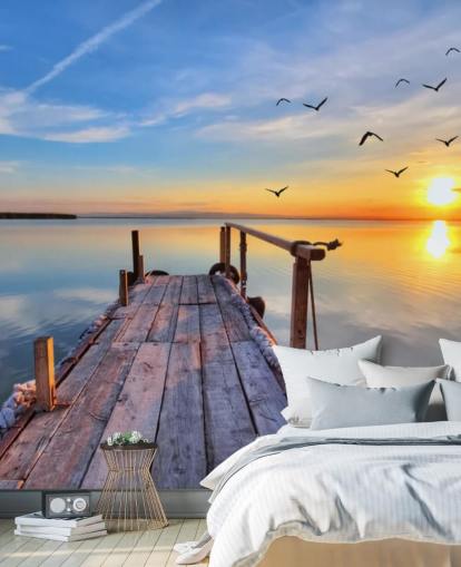 sjö tapetväggmålning som heter Lake Sunrise på Wallsauce för badrum, sovrum och kontor sjö tapetväggmålning som heter Lake Sunrise på Wallsauce för badrum, sovrum och kontor