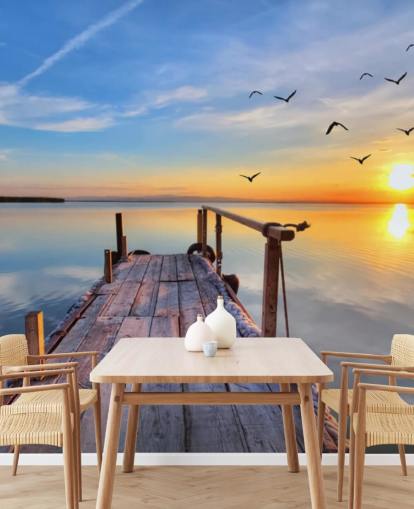 carta da parati murale con lago chiamata Lake Sunrise at Wallsauce per bagni, camere da letto e uffici