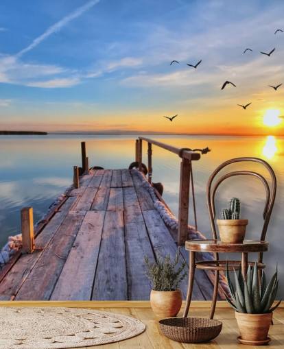 lake wallpaper mural called Lake Sunrise at Wallsauce for bathrooms, bedrooms and offices