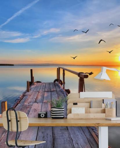 lake wallpaper mural called Lake Sunrise at Wallsauce for bathrooms, bedrooms and offices