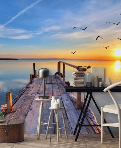 lake wallpaper mural called Lake Sunrise at Wallsauce for bathrooms, bedrooms and offices