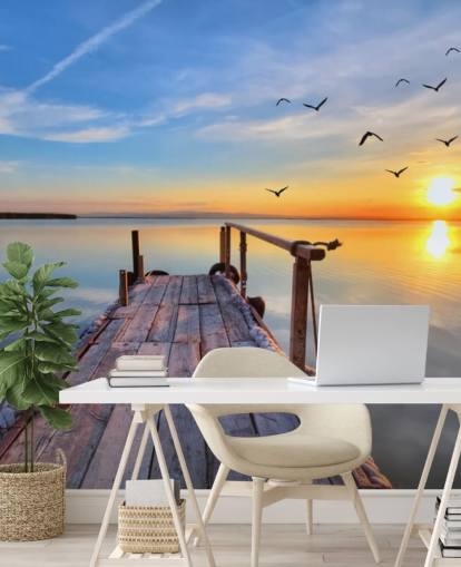 sjö tapetväggmålning som heter Lake Sunrise på Wallsauce för badrum, sovrum och kontor