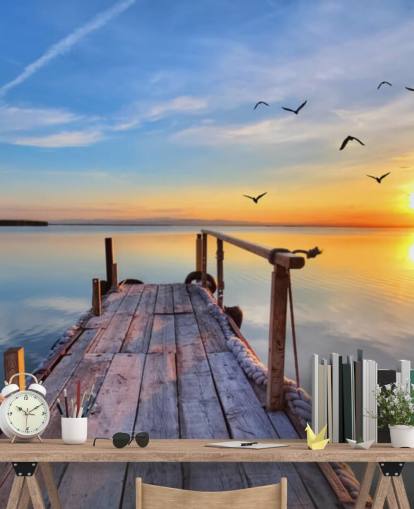 lake wallpaper mural called Lake Sunrise at Wallsauce for bathrooms, bedrooms and offices