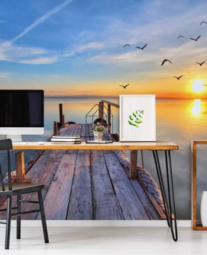 carta da parati murale con lago chiamata Lake Sunrise at Wallsauce per bagni, camere da letto e uffici