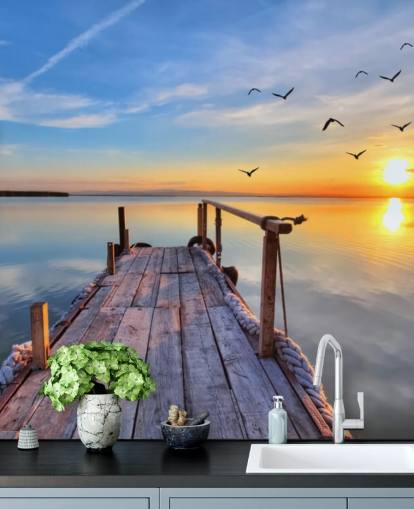 muurschildering op het meer genaamd Lake Sunrise at Wallsauce voor badkamers, slaapkamers en kantoren