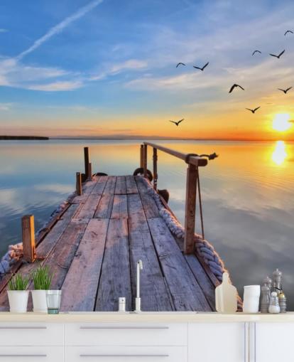 lake wallpaper mural called Lake Sunrise at Wallsauce for bathrooms, bedrooms and offices