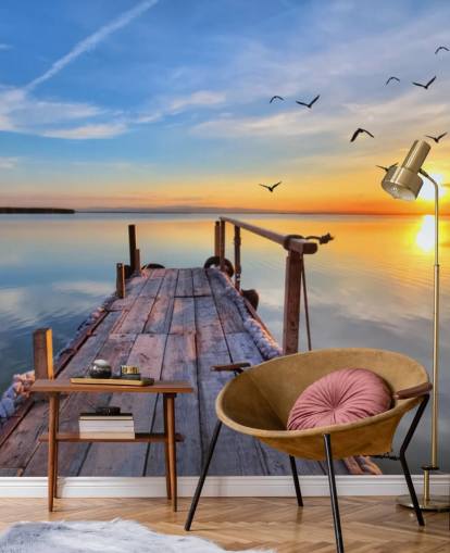 carta da parati murale con lago chiamata Lake Sunrise at Wallsauce per bagni, camere da letto e uffici