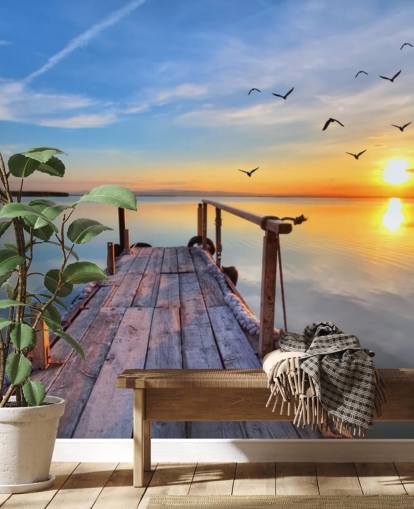 innsjø tapetmaleri kalt Lake Sunrise på Wallsauce for bad, soverom og kontorer