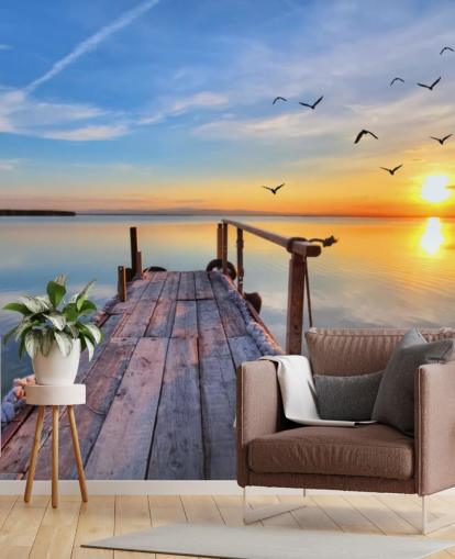 mural de papel pintado de lago llamado Lake Sunrise at Wallsauce para baños, dormitorios y oficinas