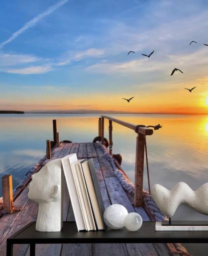 sjö tapetväggmålning som heter Lake Sunrise på Wallsauce för badrum, sovrum och kontor