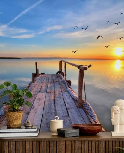 muurschildering op het meer genaamd Lake Sunrise at Wallsauce voor badkamers, slaapkamers en kantoren