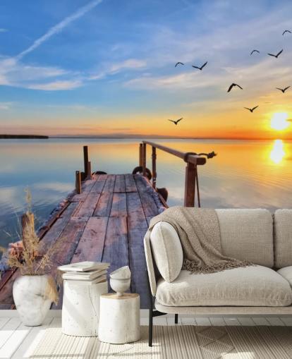 carta da parati murale con lago chiamata Lake Sunrise at Wallsauce per bagni, camere da letto e uffici