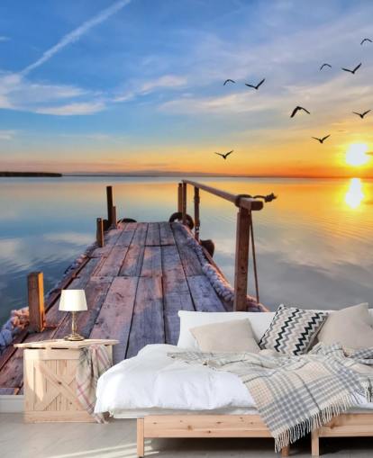 sjö tapetväggmålning som heter Lake Sunrise på Wallsauce för badrum, sovrum och kontor sjö tapetväggmålning som heter Lake Sunrise på Wallsauce för badrum, sovrum och kontor