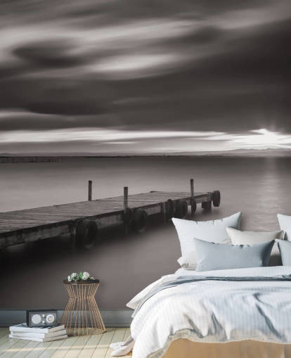 Black and White Jetty and Lake Wallpaper