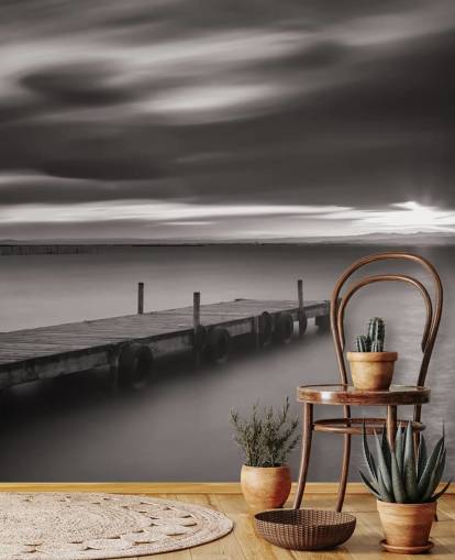 Black and White Jetty and Lake Wallpaper