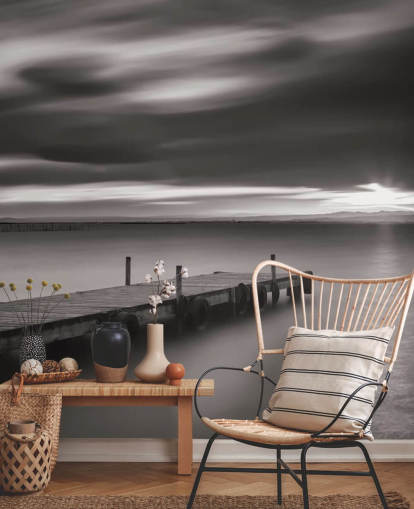 Black and White Jetty and Lake Wallpaper