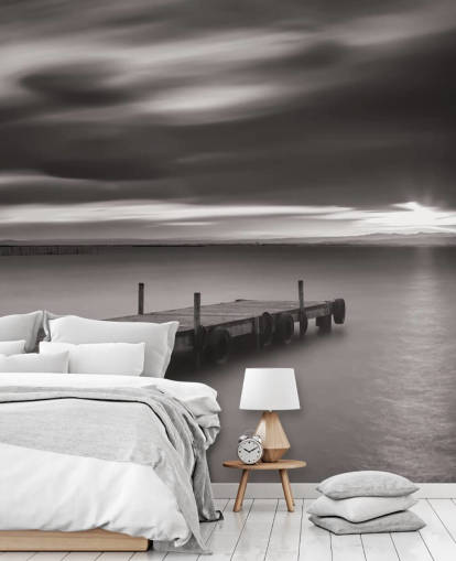 Fondo de pantalla de embarcadero y lago en blanco y negro Fondo de pantalla de embarcadero y lago en blanco y negro