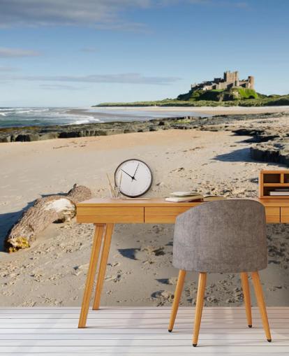 Strand med slott i avstand Bakgrunn