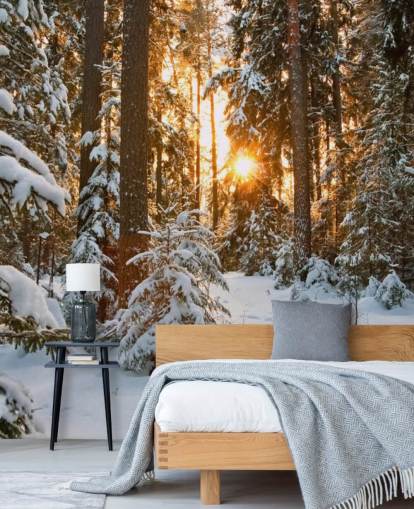 papier peint mural blanc personnalisable en forme de forêt appelé Winter Wonderland pour les salles à manger et les salons