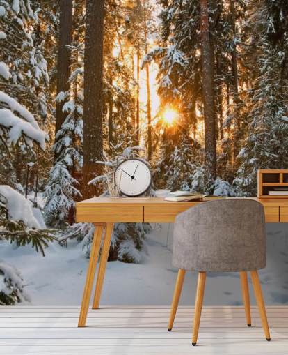 papier peint mural blanc personnalisable en forme de forêt appelé Winter Wonderland pour les salles à manger et les salons