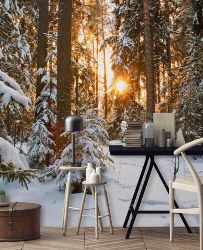 mural de papel pintado de bosque personalizable blanco llamado Winter Wonderland para comedores y salas de estar