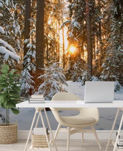 white customisable forest wallpaper mural called Winter Wonderland for dining rooms and living rooms