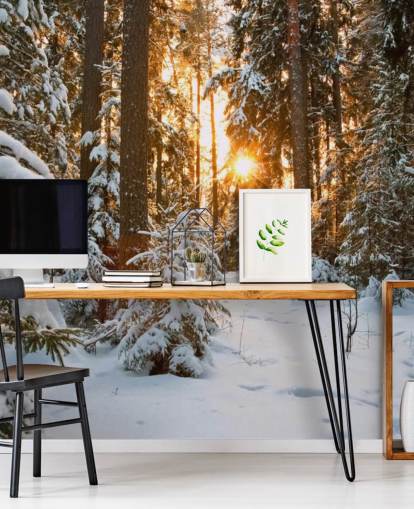 hvitt tilpassbart skogtapet veggmaleri kalt Winter Wonderland for spisestuer og stuer