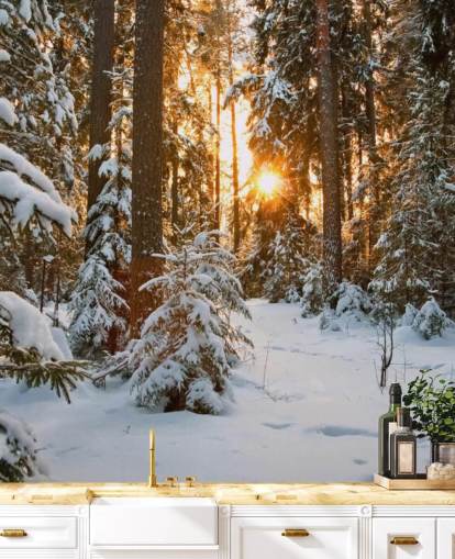 white customizable forest wallpaper mural called Winter Wonderland for dining rooms and living rooms