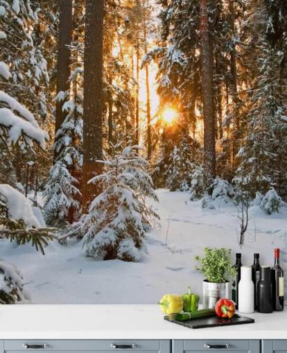 witte aanpasbare bosbehangmuurschildering genaamd Winter Wonderland voor eetkamers en woonkamers