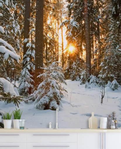 Weiße, anpassbare Wald-Wandtapete namens Winter Wonderland für Esszimmer und Wohnzimmer Weiße, anpassbare Wald-Wandtapete namens Winter Wonderland für Esszimmer und Wohnzimmer