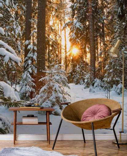Weiße, anpassbare Wald-Wandtapete namens Winter Wonderland für Esszimmer und Wohnzimmer