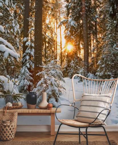 valkoinen muokattava metsätaustakuvamaalaus nimeltä Winter Wonderland ruokasaleihin ja olohuoneisiin