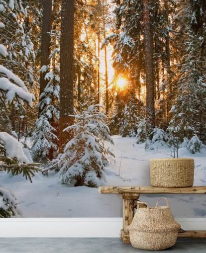 white customizable forest wallpaper mural called Winter Wonderland for dining rooms and living rooms