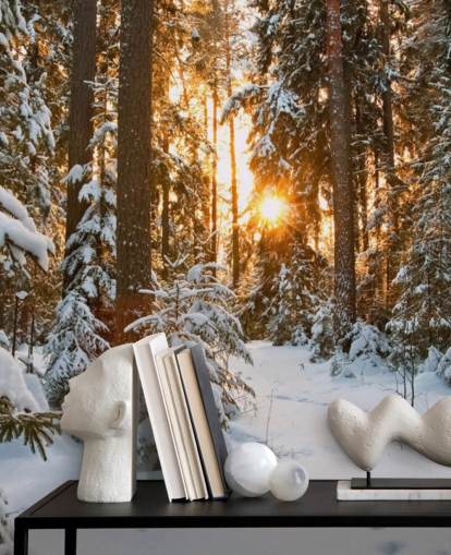 hvidt tilpasseligt skovtapet vægmaleri kaldet Winter Wonderland til spisestuer og stuer