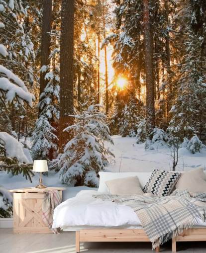 white customisable forest wallpaper mural called Winter Wonderland for dining rooms and living rooms