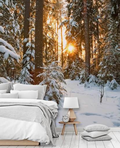 witte aanpasbare bosbehangmuurschildering genaamd Winter Wonderland voor eetkamers en woonkamers witte aanpasbare bosbehangmuurschildering genaamd Winter Wonderland voor eetkamers en woonkamers